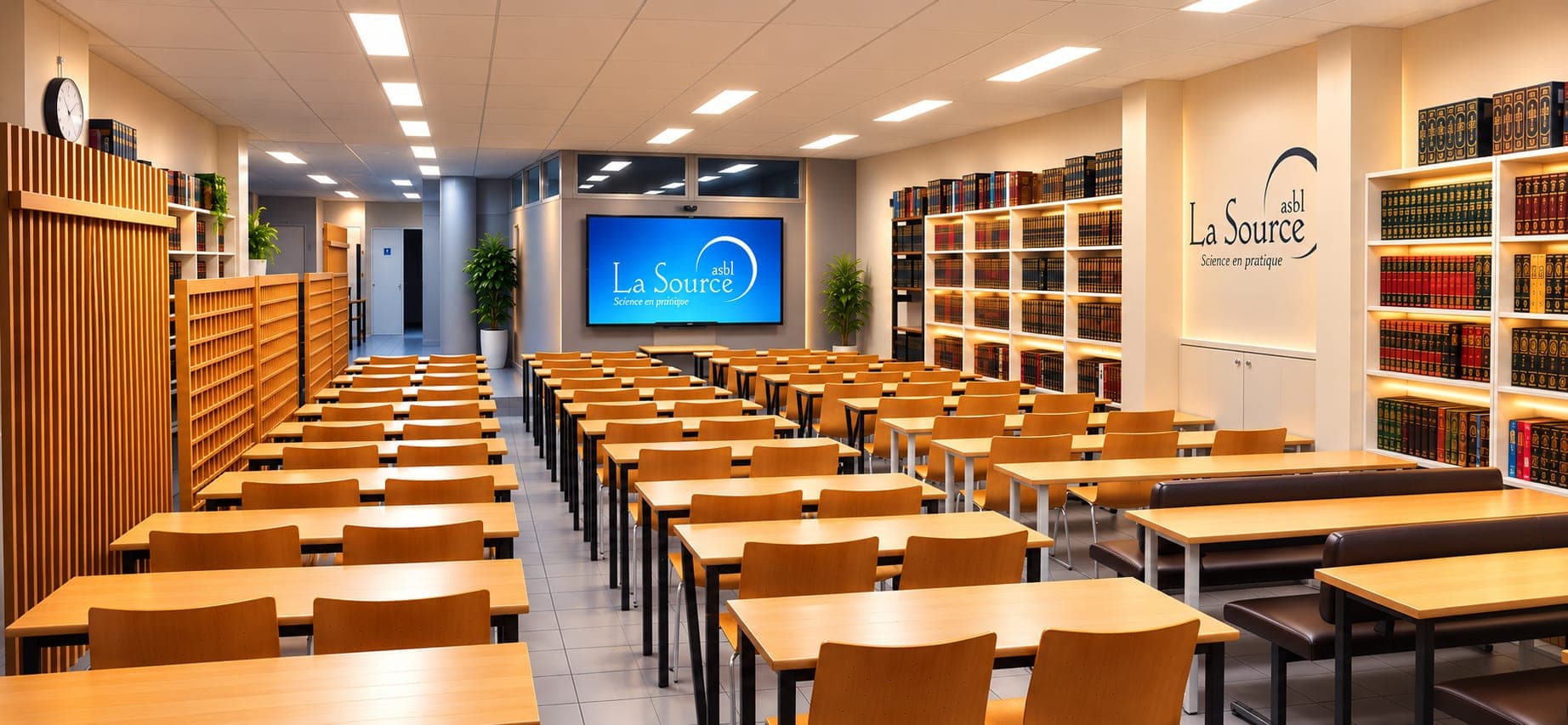 Salle de cours de La Source ASBL à Bruxelles : rangées de tables et de chaises face à un écran, bibliothèque d'ouvrages de référence